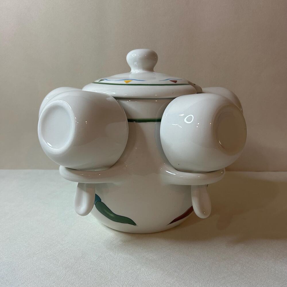 Vintage Chili Pepper Ceramic Soup Tureen Set with 5 Hanging Mug Cups
